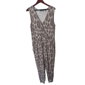 G By Giuliana Leopard Print Sleeveless Jersey Wrap Jumpsuit Beige Size Large
